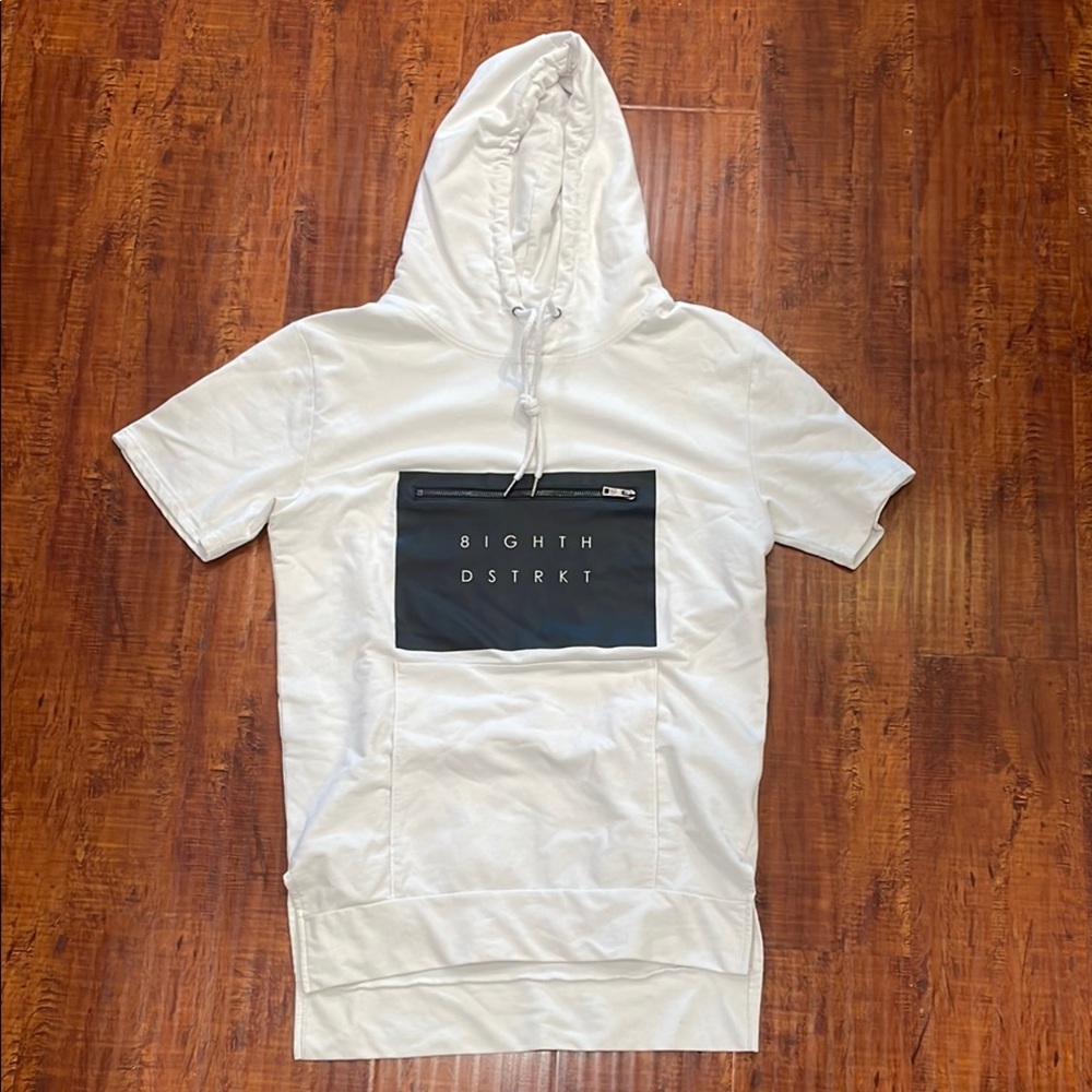 White and Black Short-Sleeved Hoodie Sweatshirt